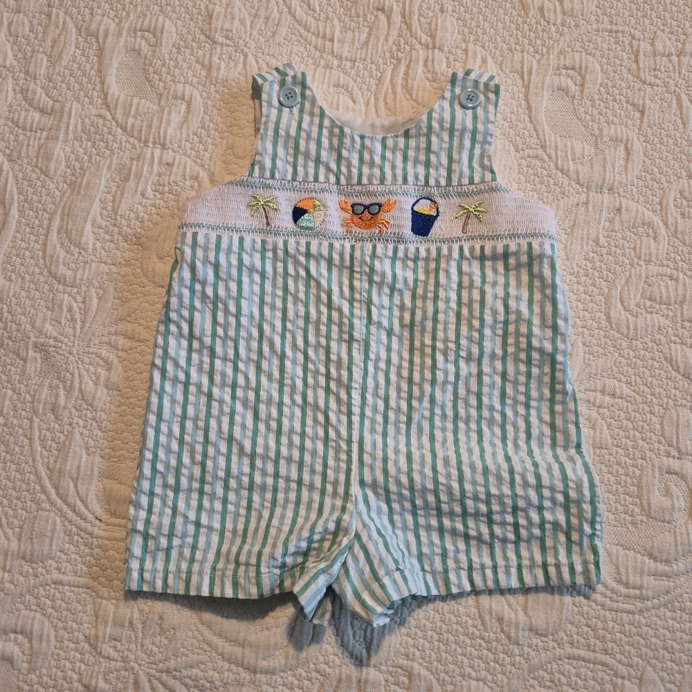 Good Lad boys size 12 months seersucker smocked beach romper EUC